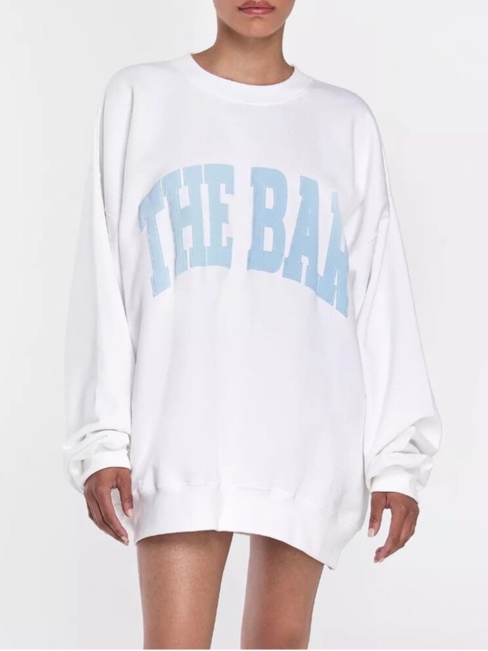 NWOT The Bar Varsity sweatshirt in white w'blue lettering size XL (206)